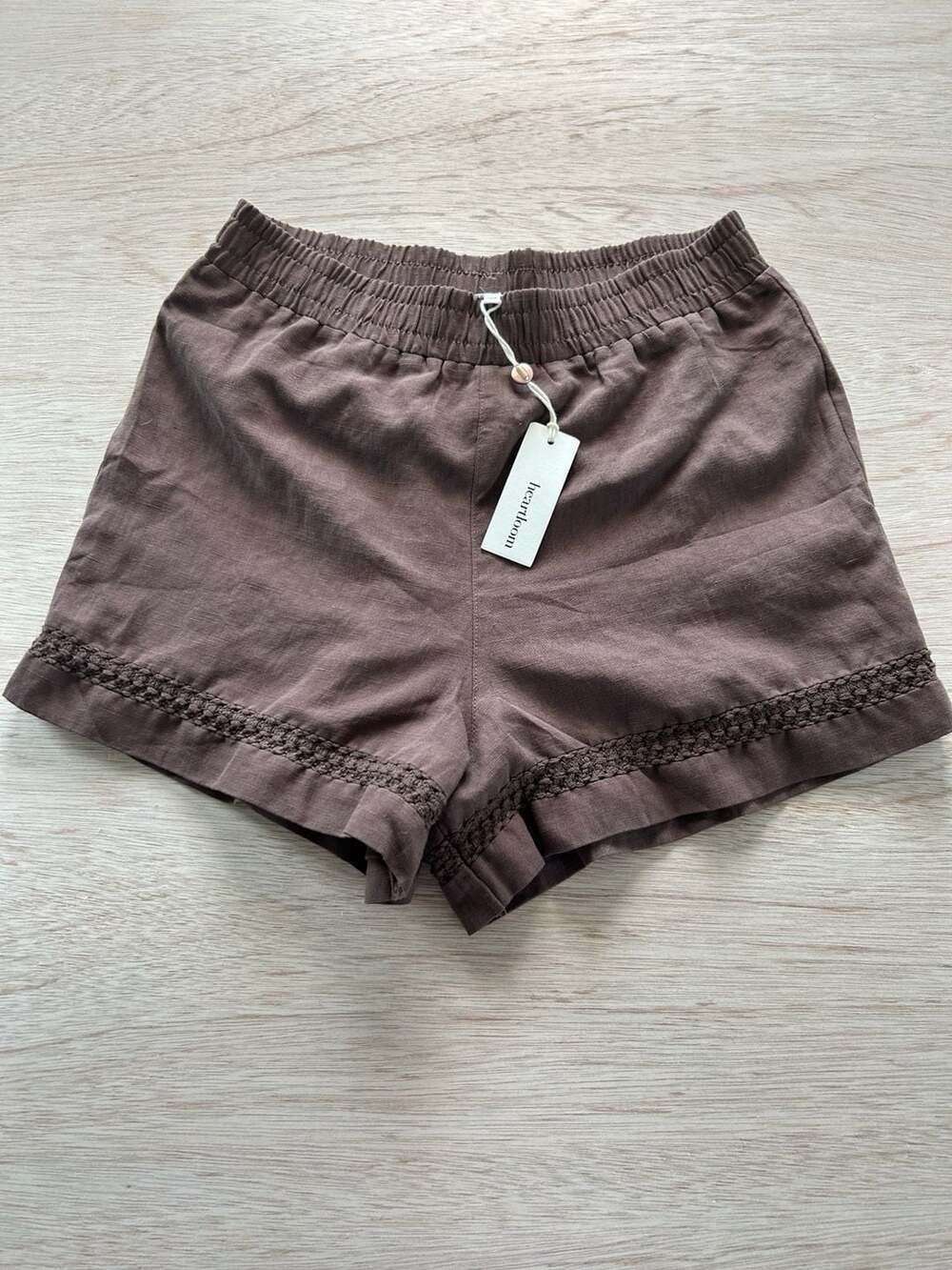 Heartloom Brown Linen Blend Smocked Waist Shorts with Crochet Trim Size S New